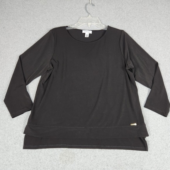 Calvin Klein Tops - Calvin Klein Blouse Top Womens Medium Black Long Sleeve Round Neck High Low Slit